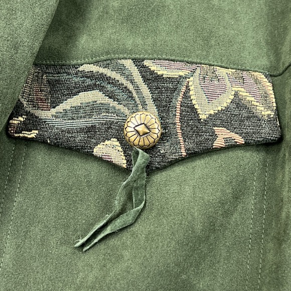 Susan Graver Style Jacket Women's XL Green Suede Flap Pocket Floral Tapistry - Picture 4 of 12